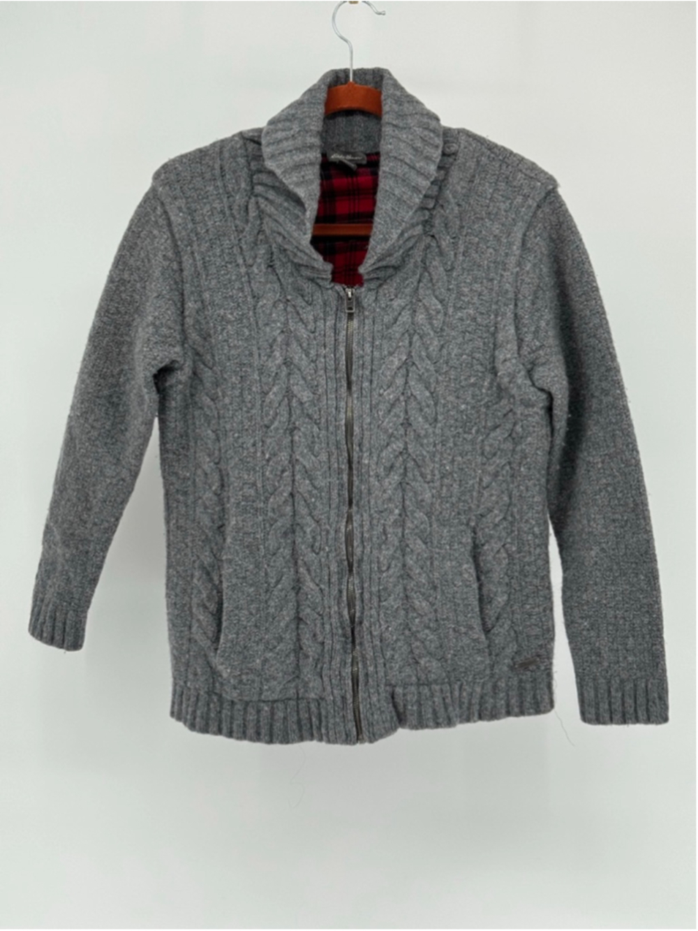 Eddie Bauer Women's Gray Cable Knit Cardigan XL with Red Plaid Lining